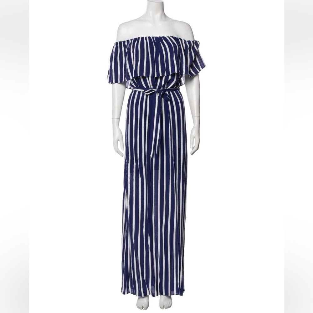 Alice + Olivia Navy and Cream Striped Off-Shoulder Maxi Dress size 8